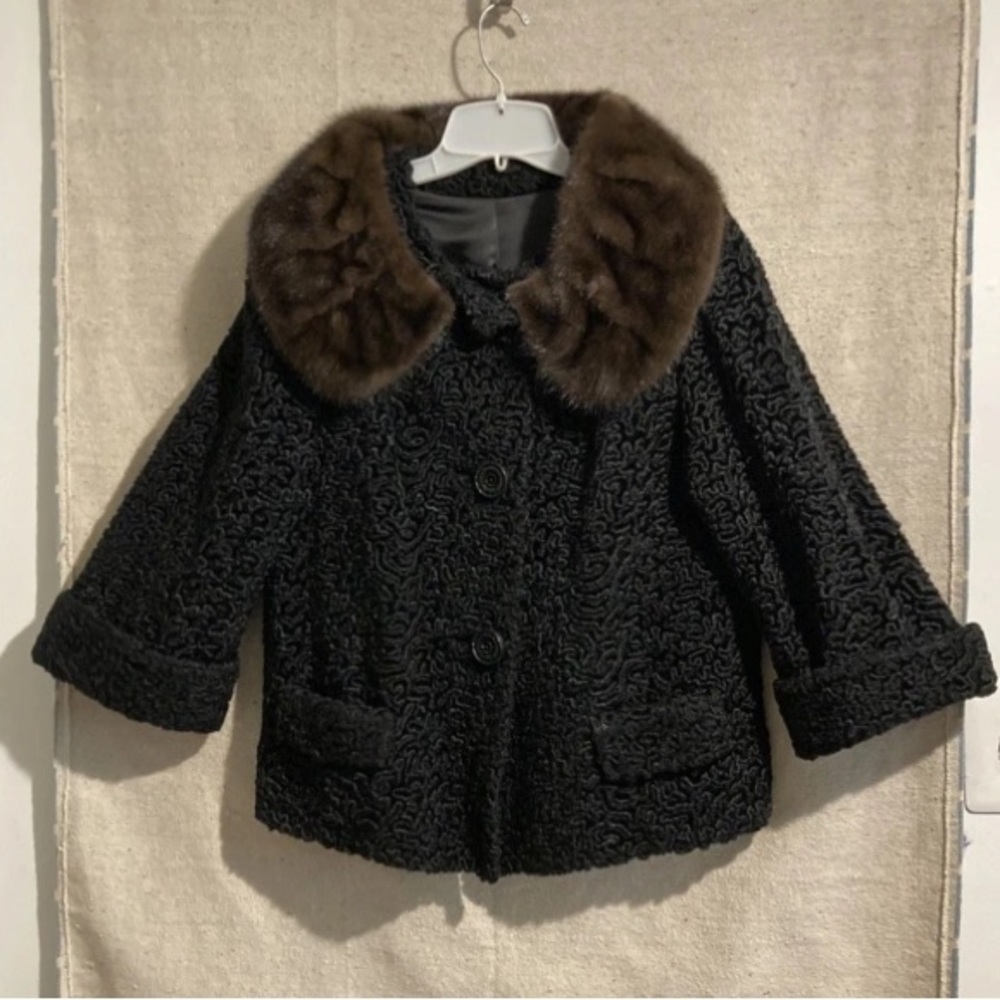 Vintage Persian Curly Lamb Fur Coat Jacket Brown Mink Collar Bell Sleeves L New